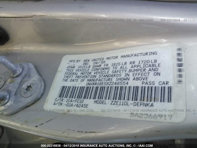 1NXBR18E5XZ248554 - 1999 TOYOTA COROLLA VE/CE/LE 银色 照片 9