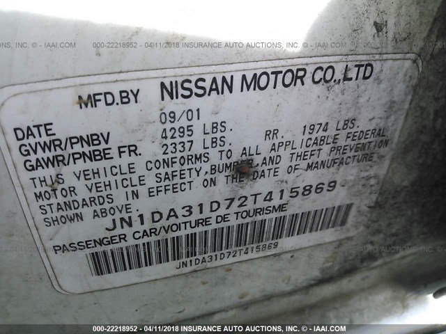 JN1DA31D72T415869 - 2002 NISSAN MAXIMA GLE/GXE/SE WHITE photo 9