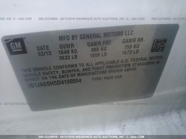 1G1JA6SH5D4190554 - 2013 CHEVROLET SONIC LS WHITE photo 9