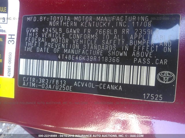 4T4BE46K39R118366 - 2009 TOYOTA CAMRY SE/LE/XLE RED photo 9