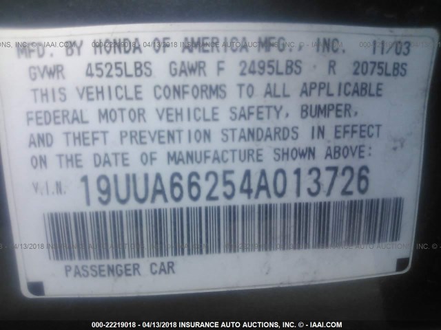 19UUA66254A013726 - 2004 ACURA TL GRAY photo 9