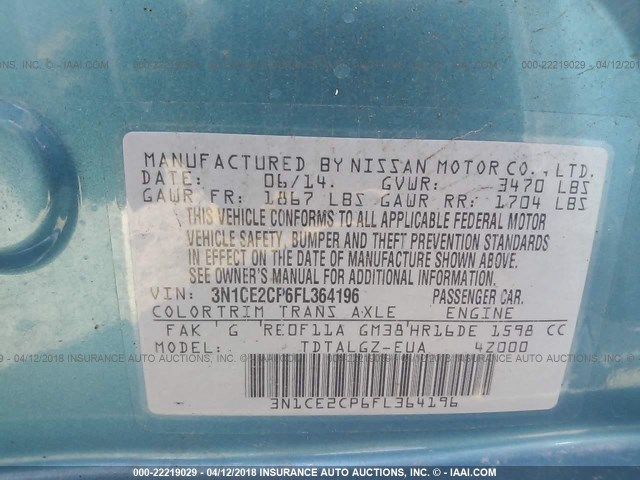 3N1CE2CP6FL364196 - 2015 NISSAN VERSA NOTE S/S PLUS/SV/SL/SR BLUE photo 9