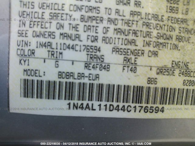 1N4AL11D44C176594 - 2004 NISSAN ALTIMA S/SL SILVER photo 9