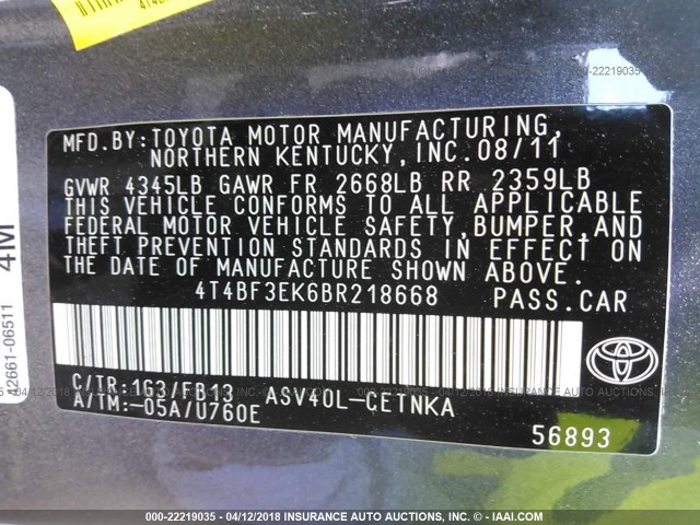 4T4BF3EK6BR218668 - 2011 TOYOTA CAMRY SE/LE/XLE GRAY photo 9