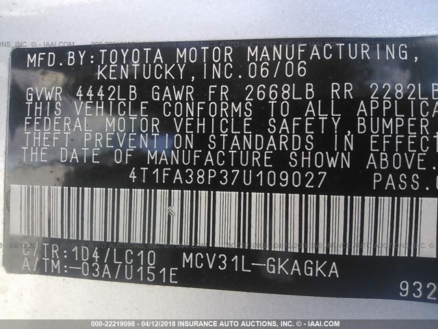 4T1FA38P37U109027 - 2007 TOYOTA CAMRY SOLARA SE/SLE ვერცხლისფერი ფოტო 9