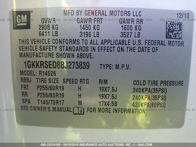 1GKKRSED8BJ273839 - 2011 GMC ACADIA SLT-2 WHITE photo 9