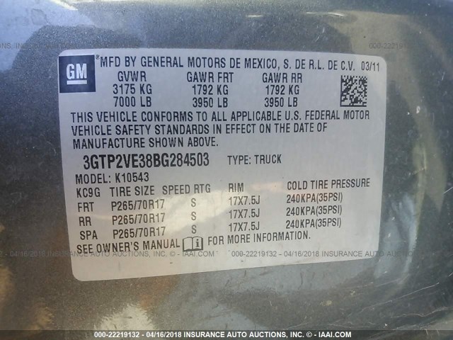 3GTP2VE38BG284503 - 2011 GMC SIERRA K1500 SLE GRAY photo 9