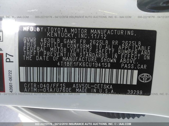 4T1BF1FK6CU194158 - 2012 TOYOTA CAMRY SE/LE/XLE 白色 照片 9