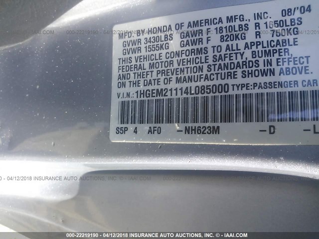 1HGEM21114L085000 - 2004 HONDA CIVIC DX VP SILVER photo 9