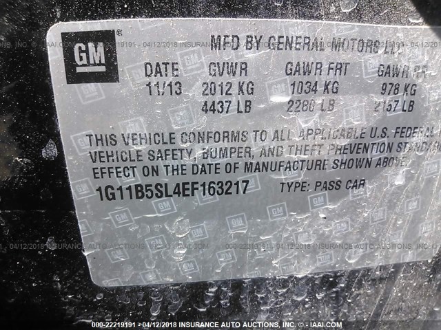 1G11B5SL4EF163217 - 2014 CHEVROLET MALIBU LS 黑色 照片 9