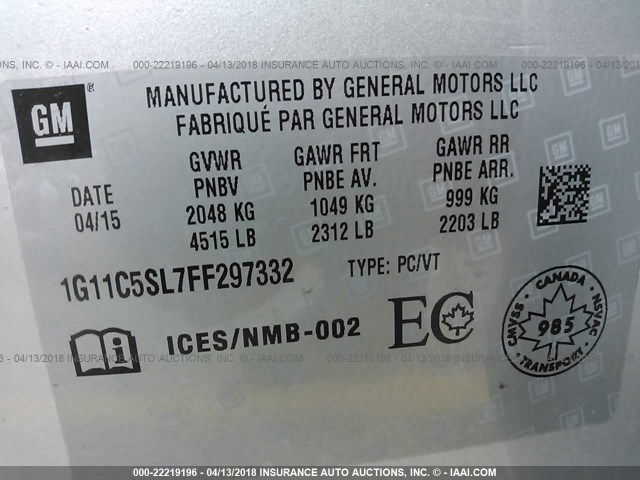 1G11C5SL7FF297332 - 2015 CHEVROLET MALIBU 1LT 银色 照片 9