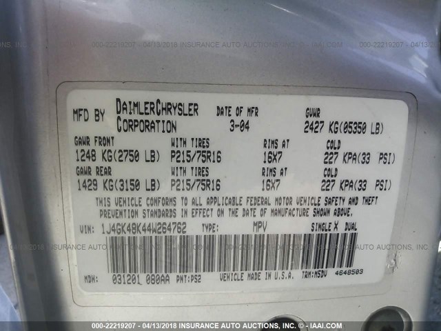 1J4GK48K44W264762 - 2004 JEEP LIBERTY SPORT 银色 照片 9