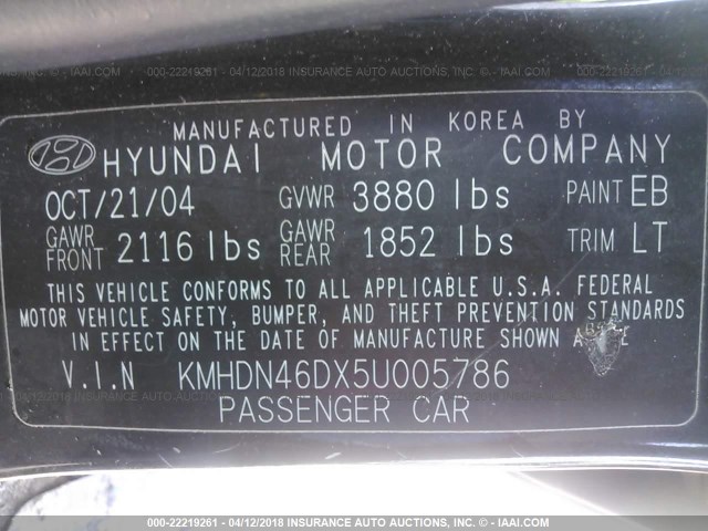 KMHDN46DX5U005786 - 2005 HYUNDAI ELANTRA GLS/GT BLACK photo 9