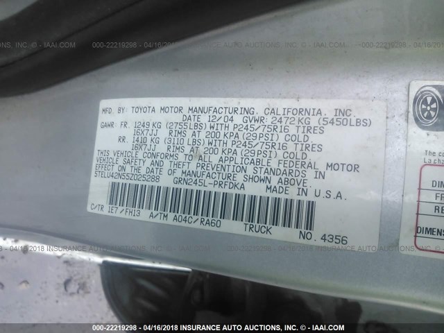 5TELU42N55Z025288 - 2005 TOYOTA TACOMA DOUBLE CAB ვერცხლისფერი ფოტო 9