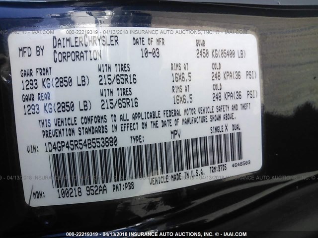 1D4GP45R54B553880 - 2004 DODGE CARAVAN SXT BLUE photo 9