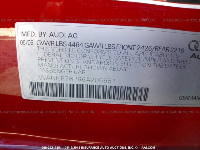 WAUNF78P66A206681 - 2006 AUDI A3 2.0 PREMIUM RED photo 9