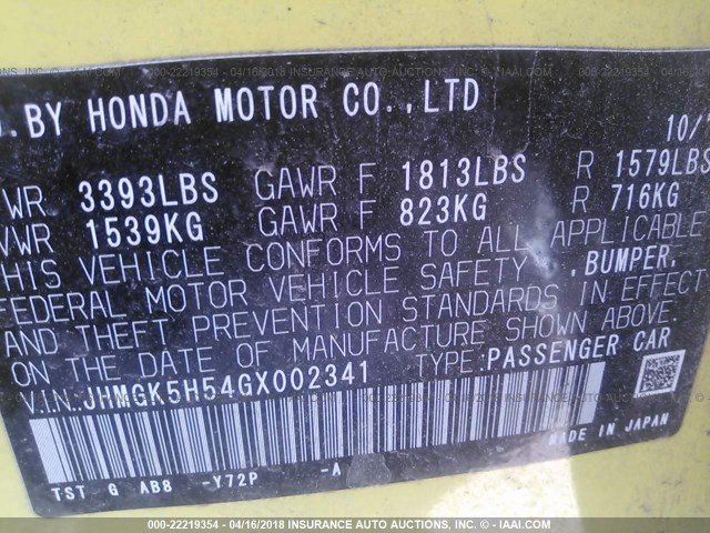 JHMGK5H54GX002341 - 2016 HONDA FIT LX YELLOW photo 9