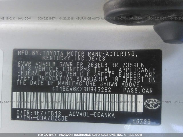 4T1BE46K79U846282 - 2009 TOYOTA CAMRY SE/LE/XLE 银色 照片 9