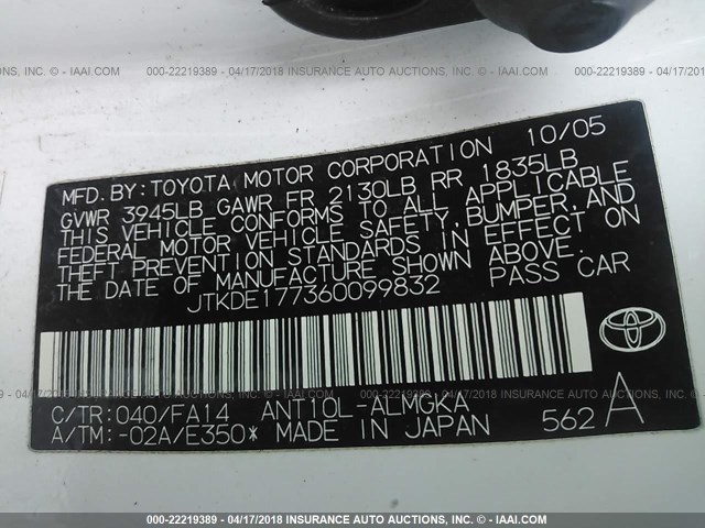 JTKDE177360099832 - 2006 TOYOTA SCION TC 白色 照片 9