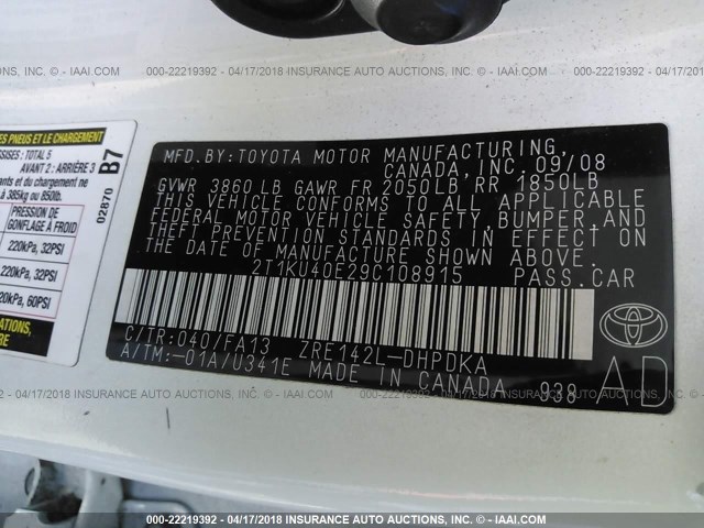 2T1KU40E29C108915 - 2009 TOYOTA COROLLA MATRIX  WHITE photo 9