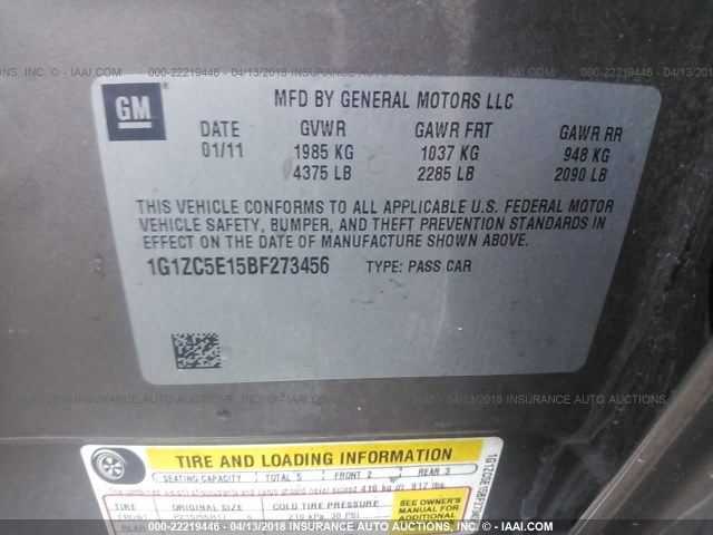 1G1ZC5E15BF273456 - 2011 CHEVROLET MALIBU 1LT 金色 照片 9