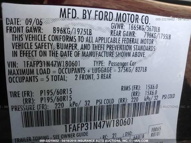 1FAFP31N47W180601 - 2007 FORD FOCUS ZX3/S/SE/SES RED photo 9