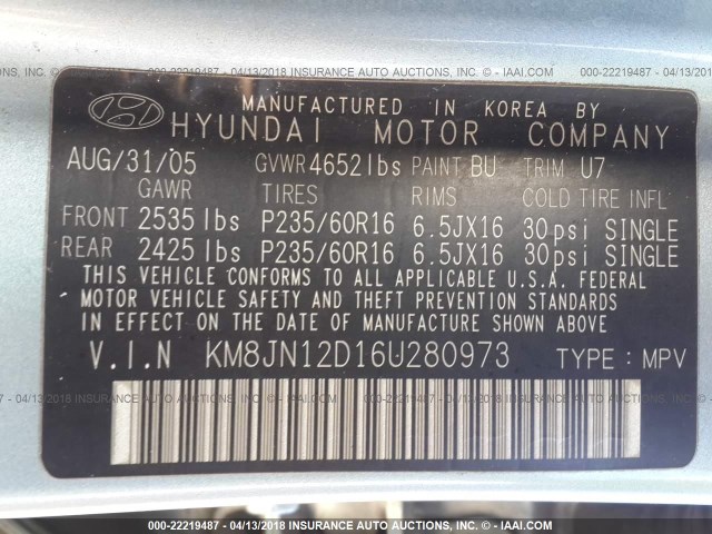 KM8JN12D16U280973 - 2006 HYUNDAI TUCSON GLS/LIMITED 绿色 照片 9