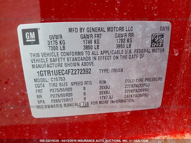 1GTR1UEC4FZ272392 - 2015 GMC SIERRA C1500 SLE RED photo 9