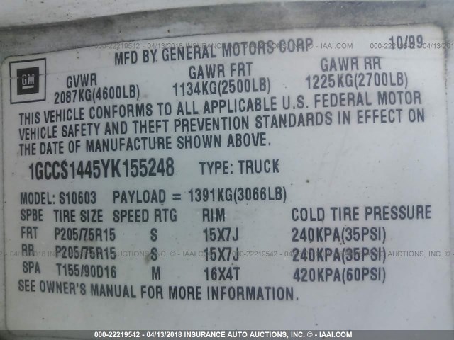 1GCCS1445YK155248 - 2000 CHEVROLET S TRUCK S10 WHITE photo 9