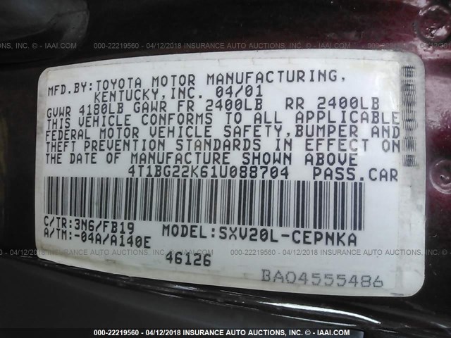 4T1BG22K61U088704 - 2001 TOYOTA CAMRY CE/LE/XLE 栗色 照片 9