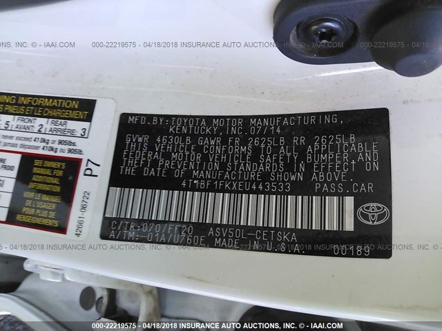 4T1BF1FKXEU443533 - 2014 TOYOTA CAMRY L/SE/LE/XLE 白色 照片 9