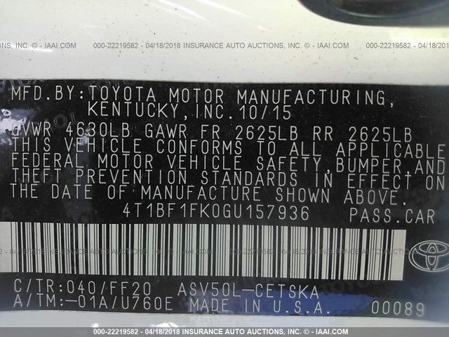 4T1BF1FK0GU157936 - 2016 TOYOTA CAMRY LE/XLE/SE/XSE WHITE photo 9