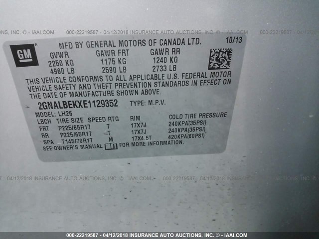 2GNALBEKXE1129352 - 2014 CHEVROLET EQUINOX LT SILVER photo 9