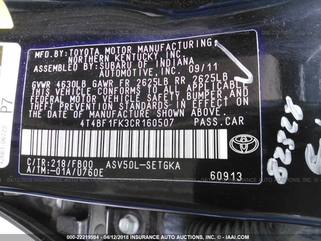 4T4BF1FK3CR160507 - 2012 TOYOTA CAMRY SE/LE/XLE BLACK photo 9