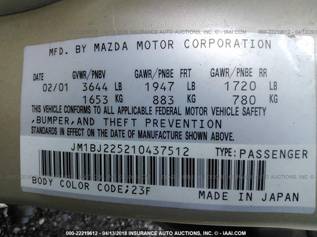 JM1BJ225210437512 - 2001 MAZDA PROTEGE LX/ES ოქროსფერი ფოტო 9