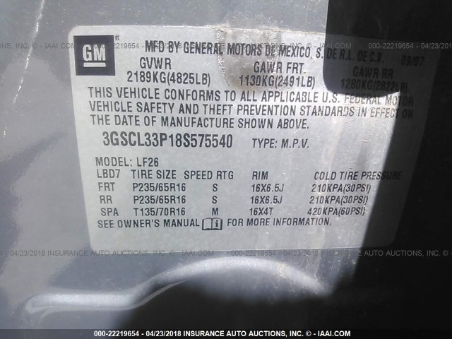 3GSCL33P18S575540 - 2008 SATURN VUE XE GRAY photo 9