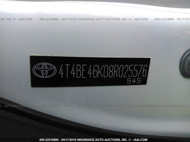 4T4BE46K08R025576 - 2008 TOYOTA CAMRY CE/LE/XLE/SE WHITE photo 9