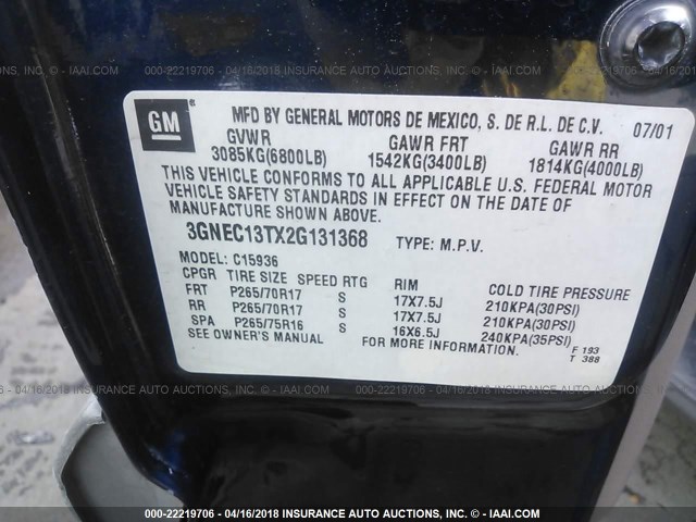 3GNEC13TX2G131368 - 2002 CHEVROLET AVALANCHE C1500 BLUE photo 9