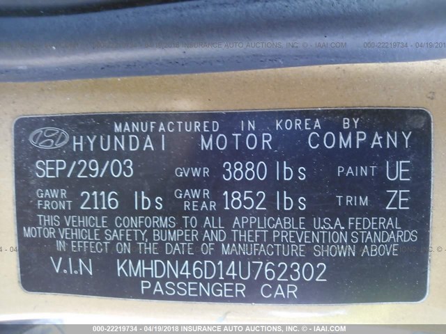 KMHDN46D14U762302 - 2004 HYUNDAI ELANTRA GLS/GT GOLD photo 9