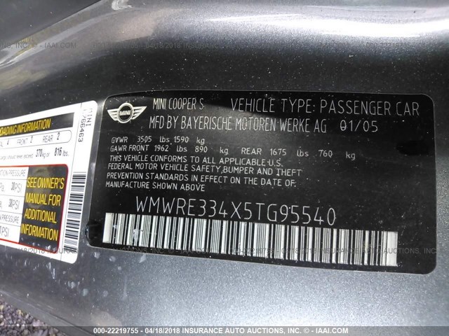 WMWRE334X5TG95540 - 2005 MINI COOPER S GRAY photo 9