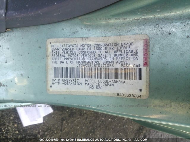 JT2AC52L6T0171056 - 1996 TOYOTA TERCEL STD/DX GREEN photo 9