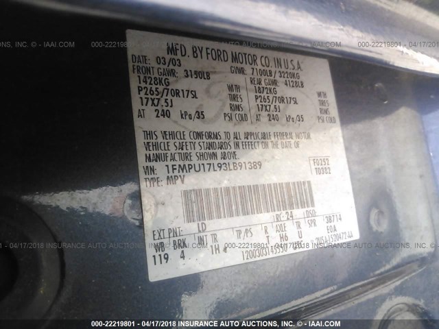 1FMPU17L93LB91389 - 2003 FORD EXPEDITION EDDIE BAUER BLUE photo 9