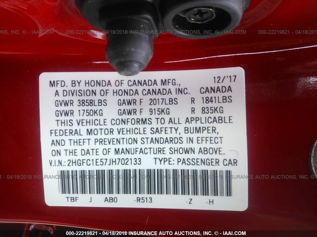 2HGFC1E57JH702133 - 2018 HONDA CIVIC SI RED photo 9