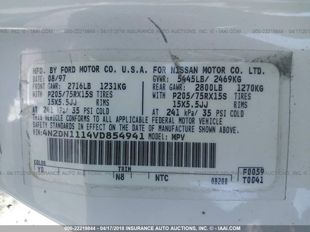 4N2DN1114VD854941 - 1997 NISSAN QUEST XE/GXE WHITE photo 9