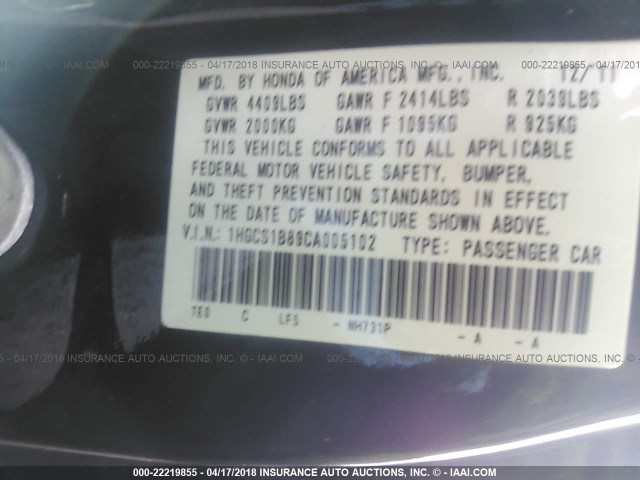 1HGCS1B89CA005102 - 2012 HONDA ACCORD EXL BLACK photo 9