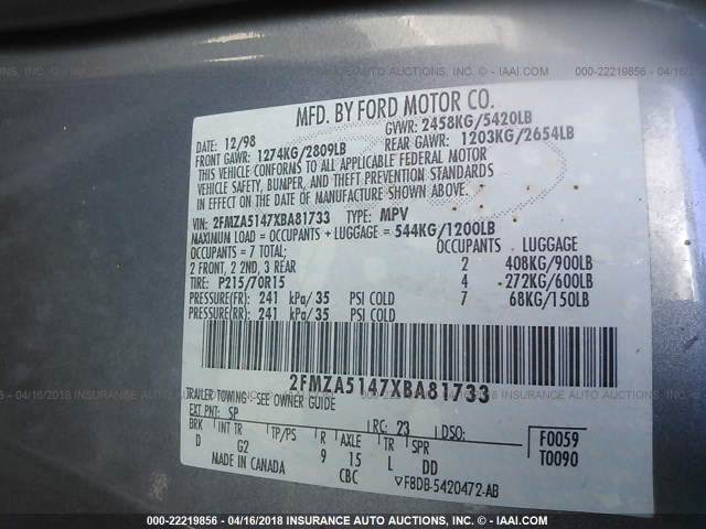 2FMZA5147XBA81733 - 1999 FORD WINDSTAR LX BLUE photo 9