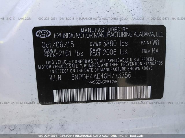 5NPDH4AE4GH773756 - 2016 HYUNDAI ELANTRA SE/SPORT/LIMITED WHITE photo 9