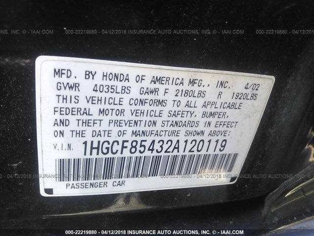 1HGCF85432A120119 - 2002 HONDA ACCORD DX BLACK photo 9