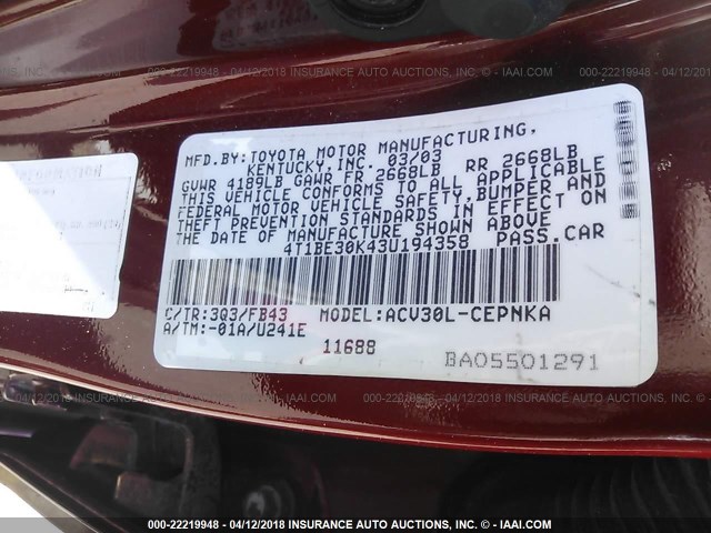4T1BE30K43U194358 - 2003 TOYOTA CAMRY LE/XLE/SE MAROON photo 9
