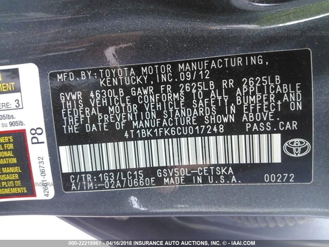 4T1BK1FK6CU017248 - 2012 TOYOTA CAMRY SE/XLE GRAY photo 9